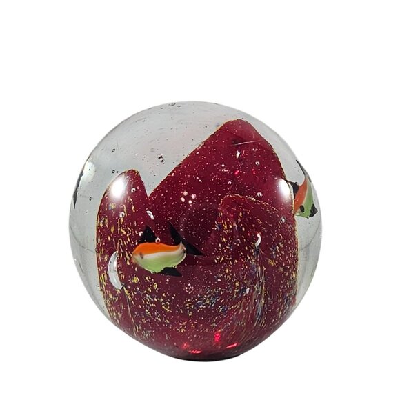 Art Glass Paperweight With Red Core Swimming Fish Orange Green - Picture 1 of 8